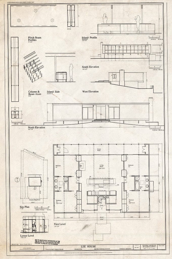 Historic Pictoric : Blueprint Elevations, floor plan, site plan, details including profile of island, column and beam axon - Lee House , 3714 Country Ridge Road, Charlotte, Mecklenburg County, NC