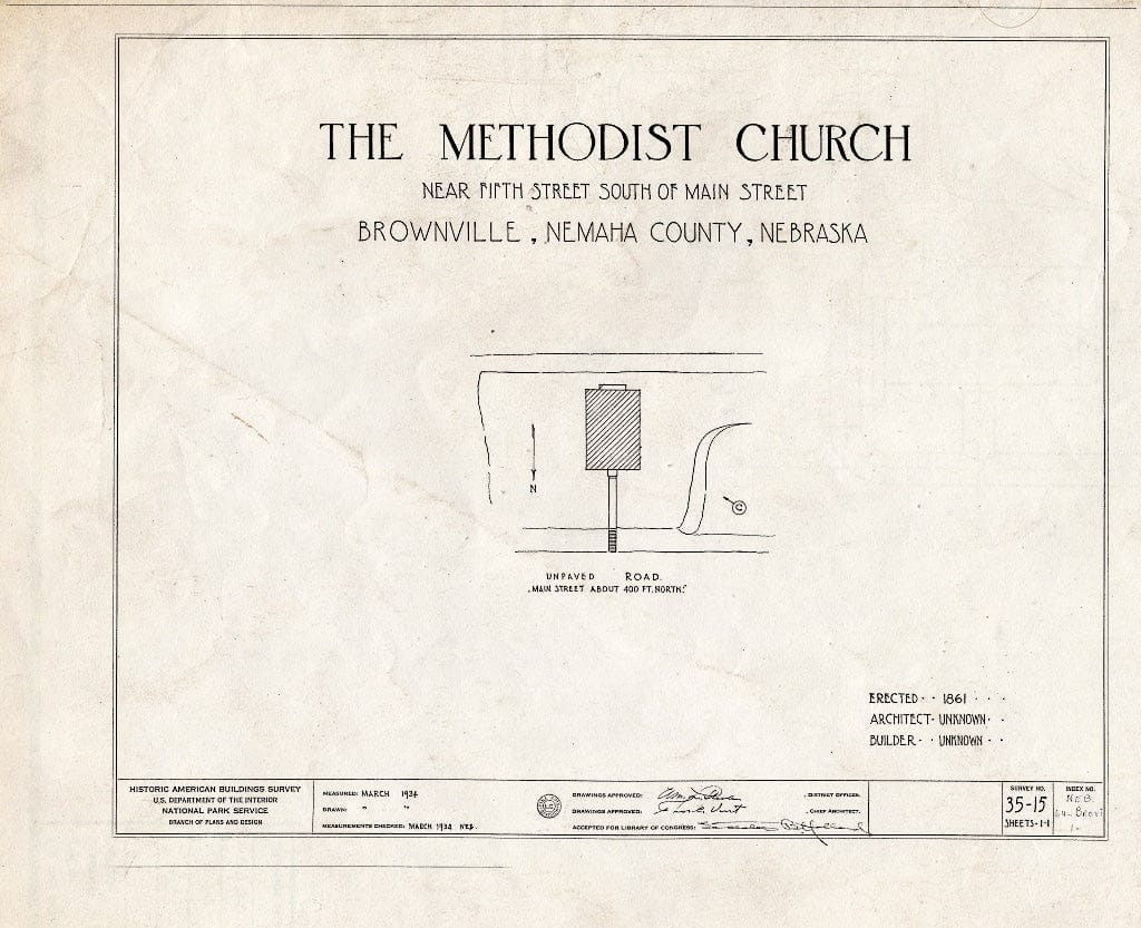 Historic Pictoric : Blueprint HABS NEB,64-BROVI,1- (Sheet 0 of 1) - Methodist Church, Fifth Street, Brownville, Nemaha County, NE