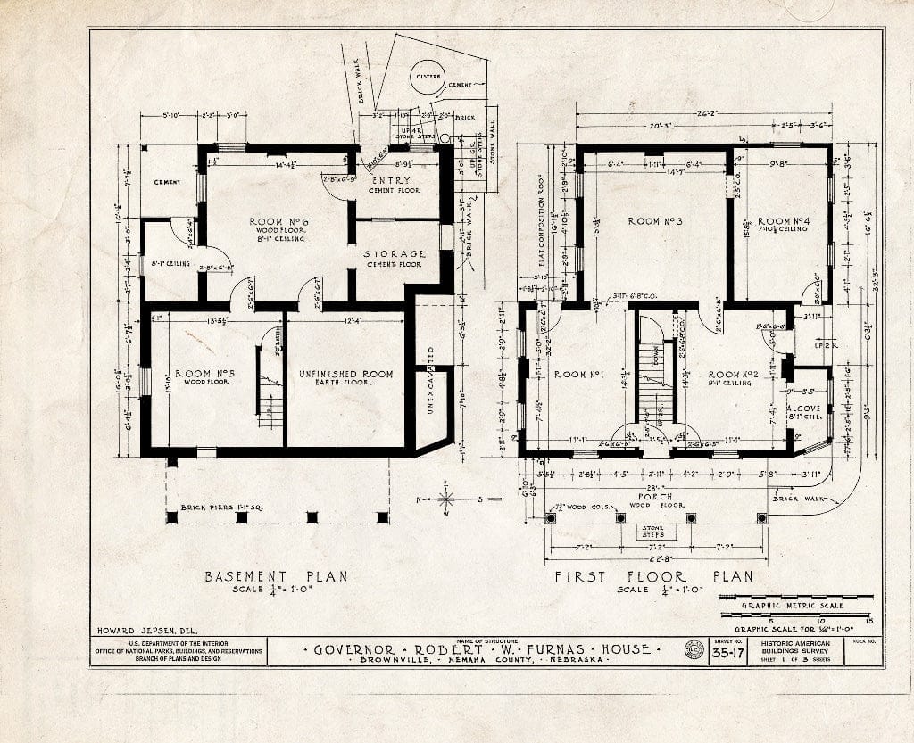 Historic Pictoric : Blueprint HABS NEB,64-BROVI,2- (Sheet 1 of 3) - Governor Robert W. Furnas House, Sixth Street, Brownville, Nemaha County, NE