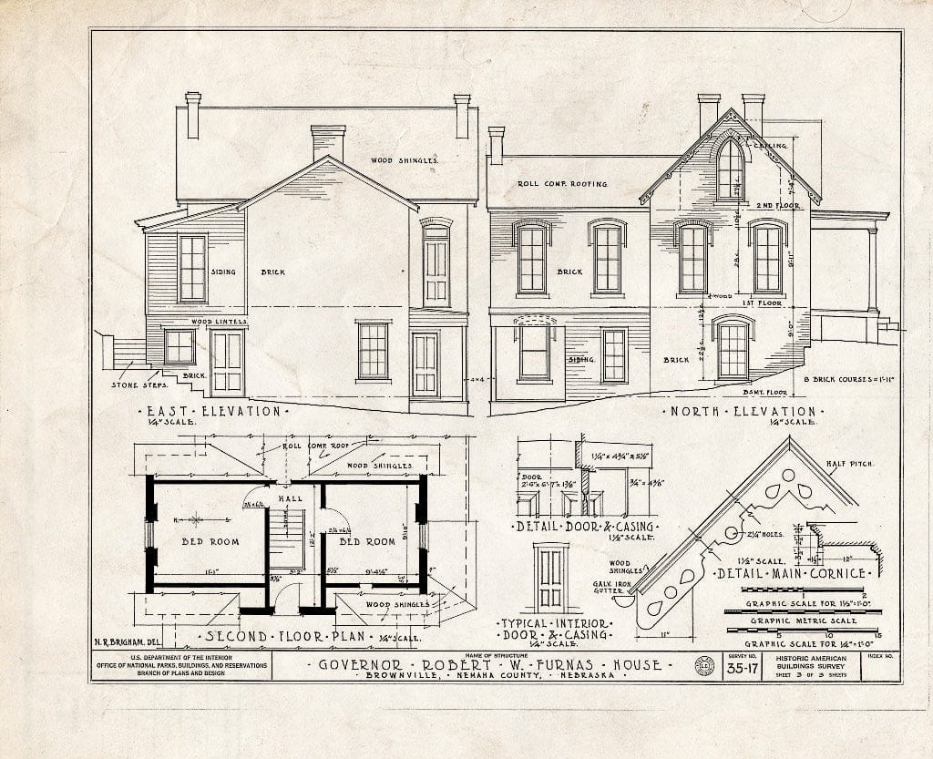 Historic Pictoric : Blueprint HABS NEB,64-BROVI,2- (Sheet 3 of 3) - Governor Robert W. Furnas House, Sixth Street, Brownville, Nemaha County, NE