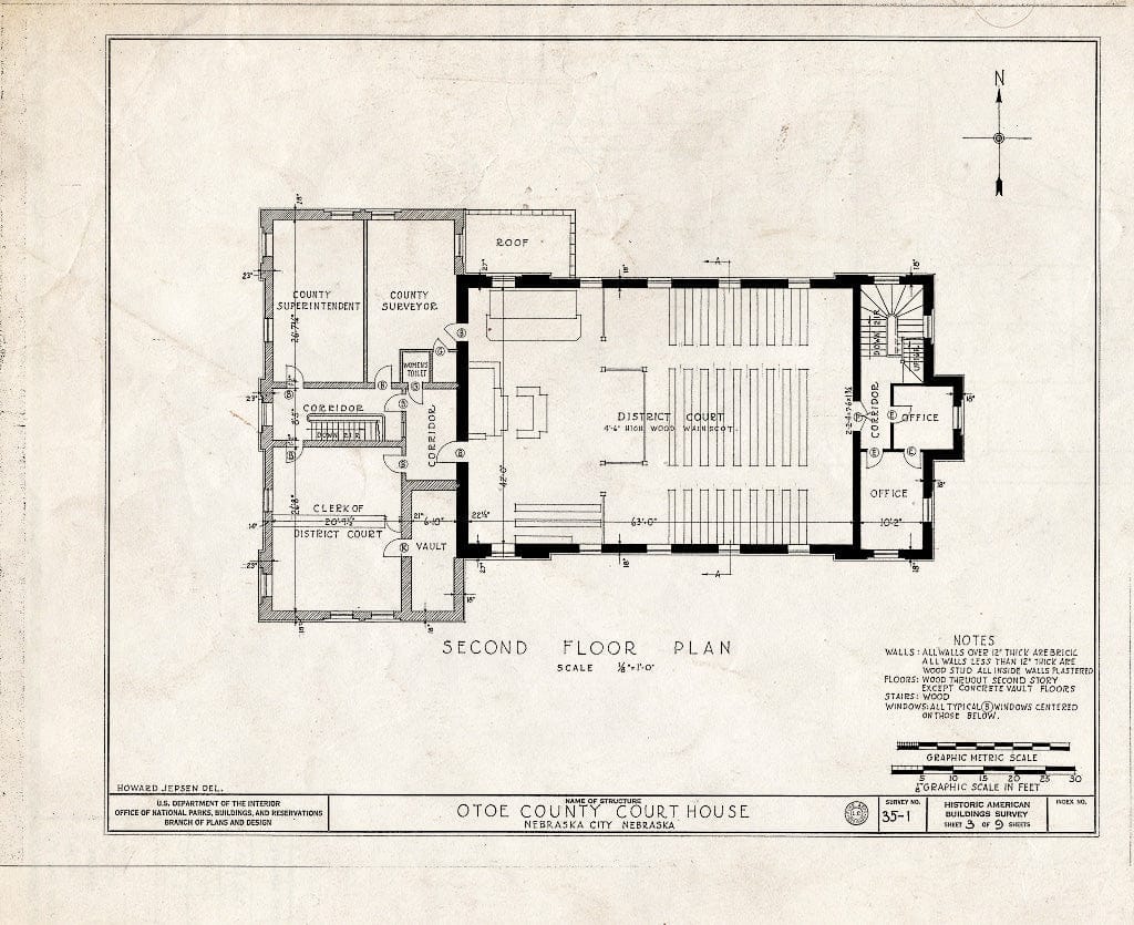 Historic Pictoric : Blueprint HABS NEB,66-NEBCI,1- (Sheet 3 of 9) - Otoe County Courthouse, Tenth Street & Central Avenue, Nebraska City, Otoe County, NE