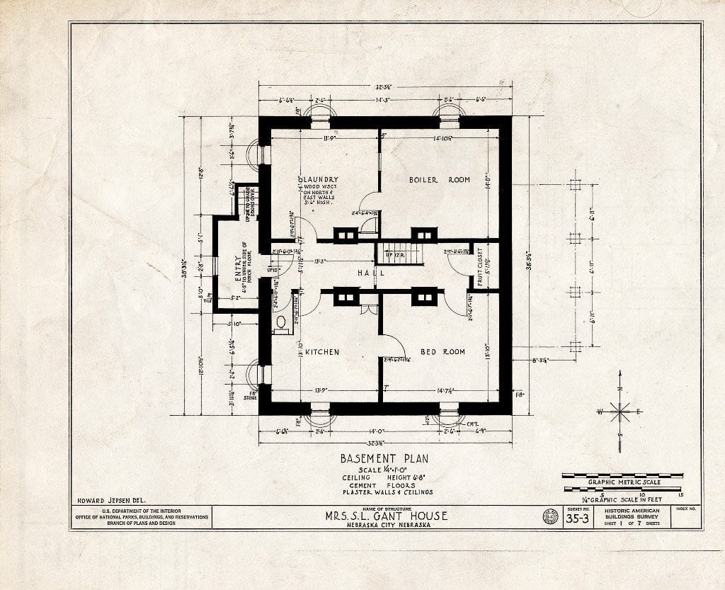 Historic Pictoric : Blueprint HABS NEB,66-NEBCI,2- (Sheet 1 of 7) - S. L. Gant House, Fourteenth Street & Third Street, Nebraska City, Otoe County, NE