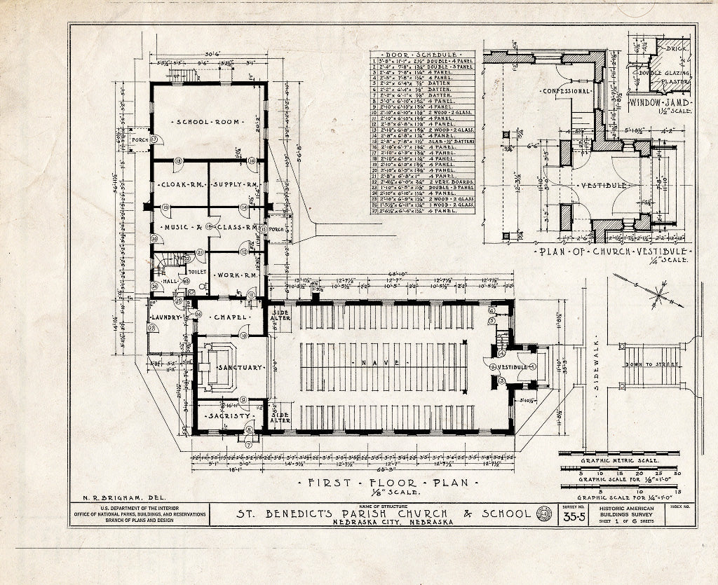 Historic Pictoric : Blueprint HABS NEB,66-NEBCI,3- (Sheet 1 of 6) - St. Benedict Parish Church & School, Clay & Fifth Streets, Nebraska City, Otoe County, NE