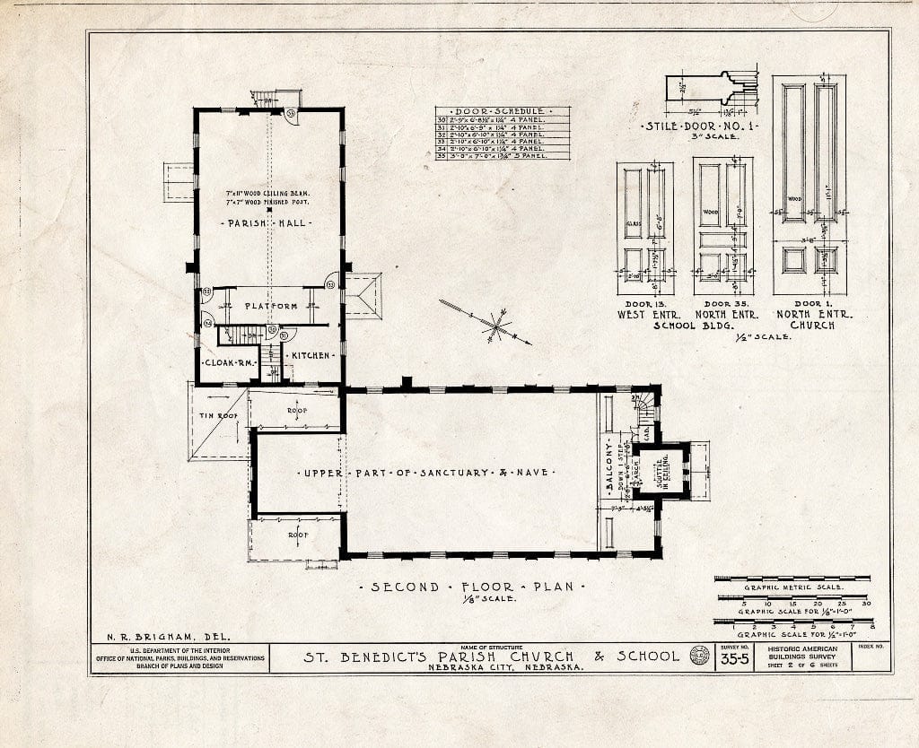 Historic Pictoric : Blueprint HABS NEB,66-NEBCI,3- (Sheet 2 of 6) - St. Benedict Parish Church & School, Clay & Fifth Streets, Nebraska City, Otoe County, NE
