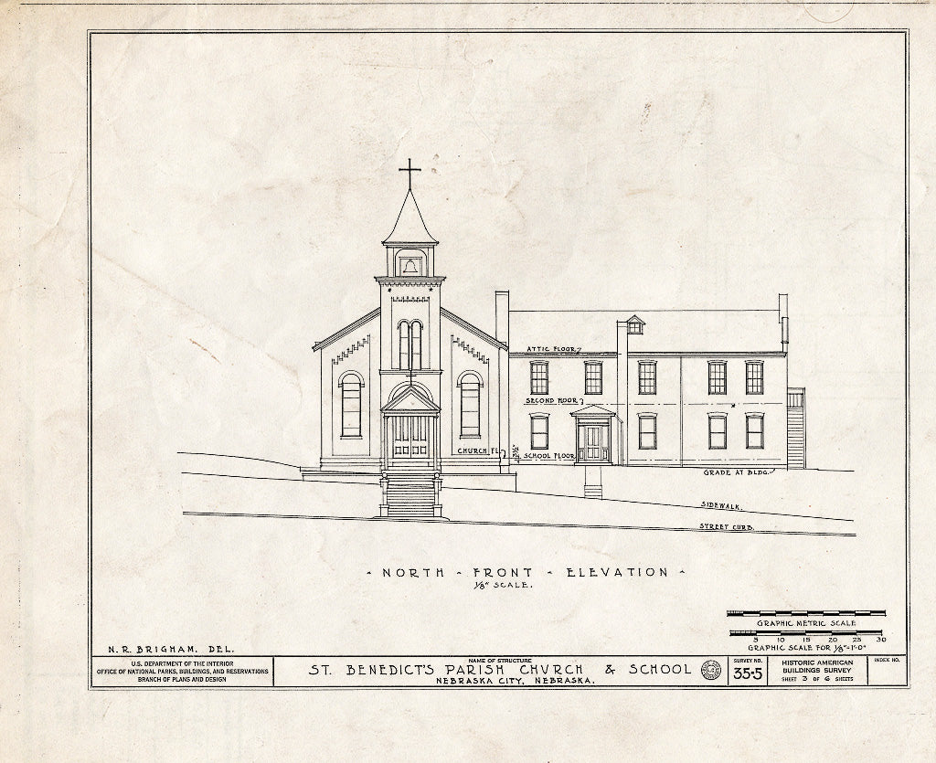 Historic Pictoric : Blueprint HABS NEB,66-NEBCI,3- (Sheet 3 of 6) - St. Benedict Parish Church & School, Clay & Fifth Streets, Nebraska City, Otoe County, NE