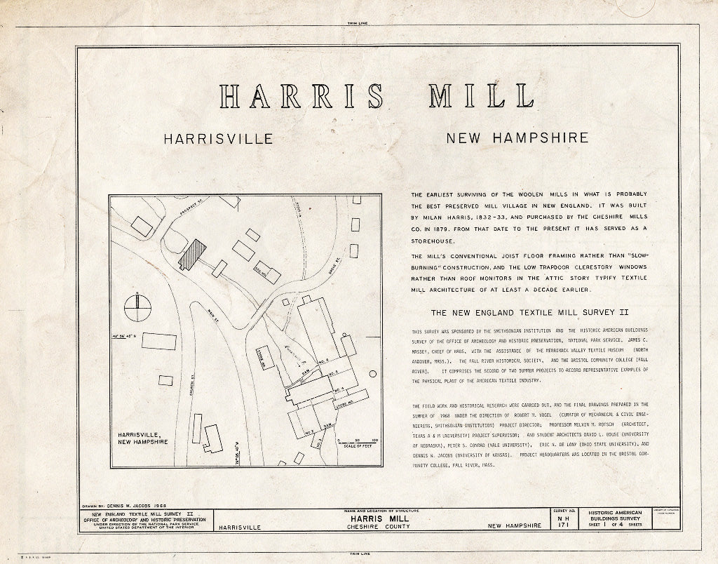 Historic Pictoric : Blueprint HABS NH,3-HAR,1- (Sheet 1 of 4) - Harris Mill, Main & Prospect Streets, Harrisville, Cheshire County, NH