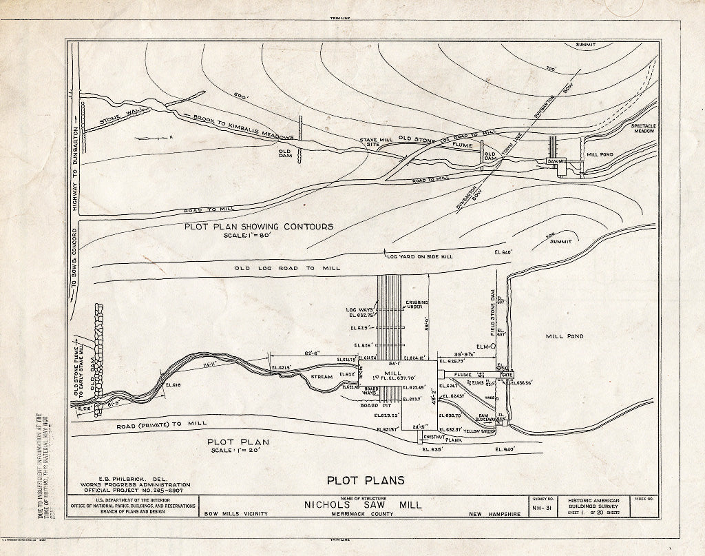 Historic Pictoric : Blueprint HABS NH,7-BOWMIL.V-1- (Sheet 1 of 20) - Nichols Saw Mill, Bow Mills, Merrimack County, NH