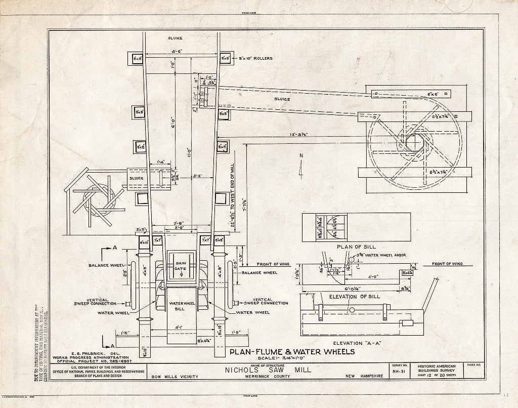 Historic Pictoric : Blueprint HABS NH,7-BOWMIL.V-1- (Sheet 12 of 20) - Nichols Saw Mill, Bow Mills, Merrimack County, NH