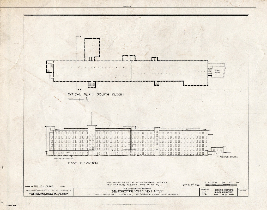 Historic Pictoric : Blueprint HABS NH,6-MANCH,2/3A- (Sheet 1 of 5) - Manchester Mills, No. 1 Mill, Commercial Street, Manchester, Hillsborough County, NH