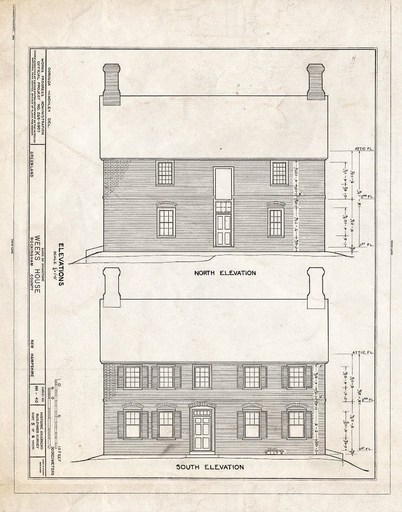 Historic Pictoric : Blueprint 5. North and South elevations - Weeks House, Greenland, Rockingham County, NH