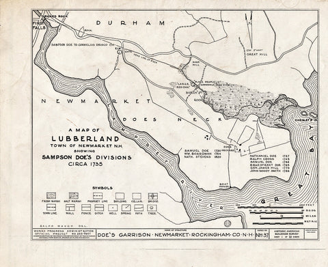 Historic Pictoric : Blueprint HABS NH,8-NEWM,1- (Sheet 1 of 23) - Doe Garrison, Lamprey River & Great Bay, Newmarket, Rockingham County, NH