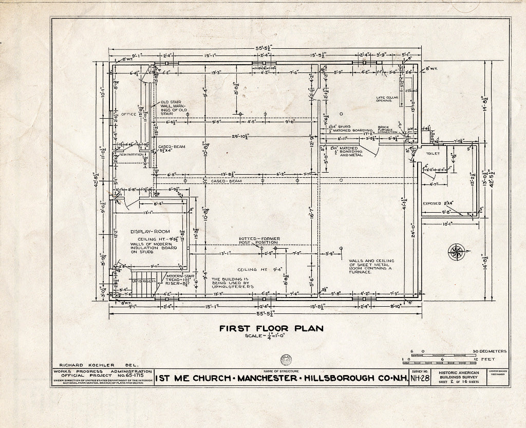 Historic Pictoric : Blueprint HABS NH,6-MANCH,1- (Sheet 2 of 16) - First Methodist Episcopal Church, Valley & Jewett Streets (Moved from NH, Derryville), Manchester, Hillsborough County, NH