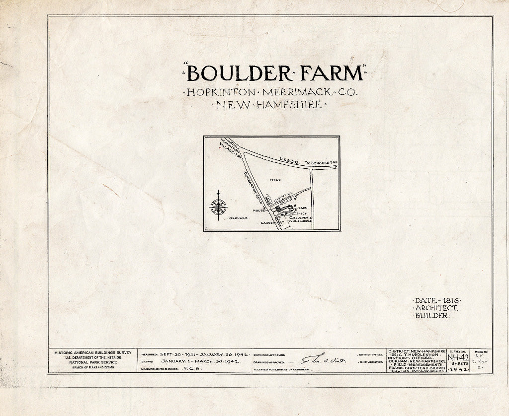 Historic Pictoric : Blueprint HABS NH,7-HOP,2- (Sheet 0 of 17) - Boulder Farm, Dunbarton Road, Hopkinton, Merrimack County, NH