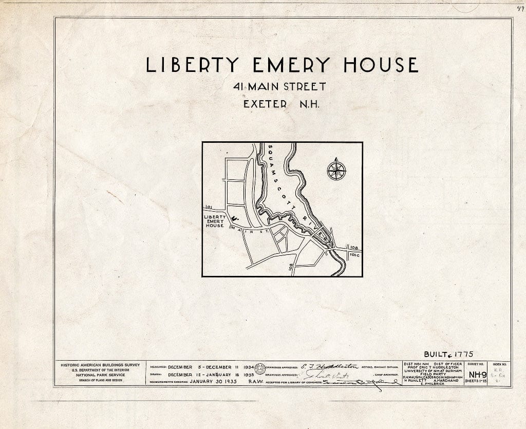 Historic Pictoric : Blueprint HABS NH,8-EX,8- (Sheet 0 of 15) - Liberty Emery House, 41 Main Street, Exeter, Rockingham County, NH