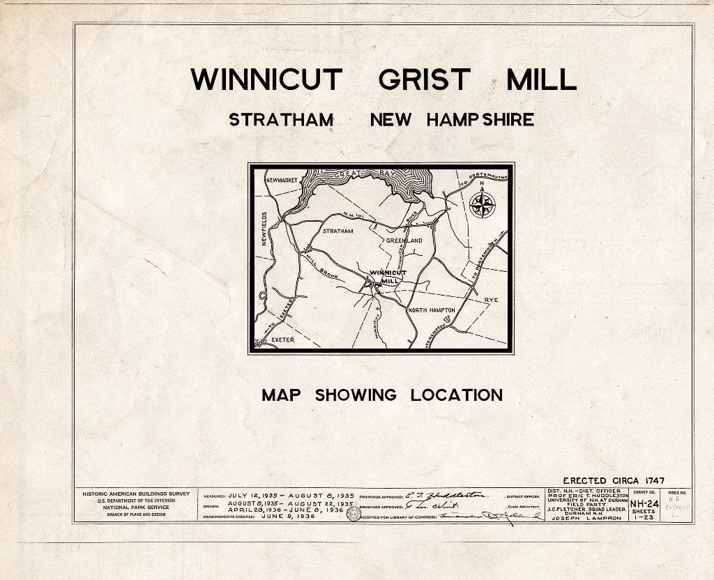 Historic Pictoric : Blueprint HABS NH,8-STRAT,1- (Sheet 0 of 23) - Winnicut Grist Mill, Winnicut River, Stratham, Rockingham County, NH