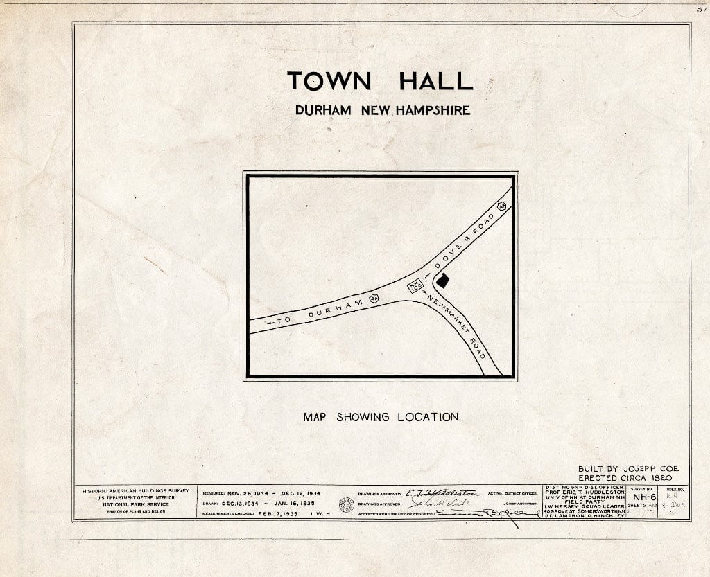 Historic Pictoric : Blueprint HABS NH,9-DUR,2- (Sheet 0 of 22) - Town Hall, Newmarket & Dover Roads, Durham, Strafford County, NH