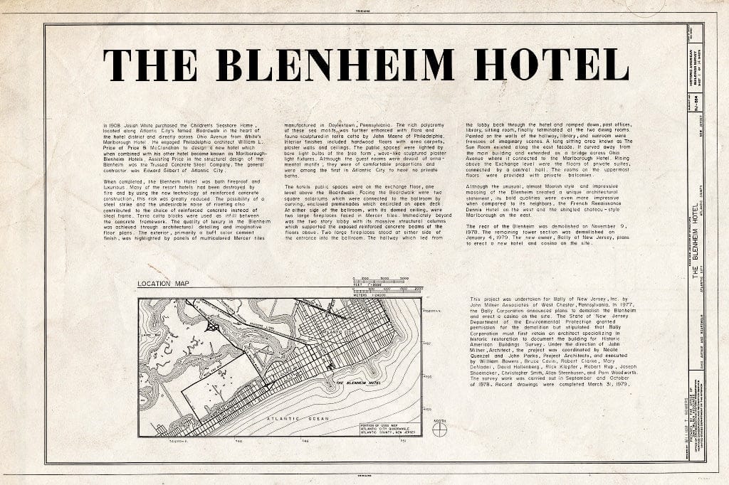 Historic Pictoric : Blueprint HABS NJ,1-ATCI,3- (Sheet 1 of 14) - Blenheim Hotel, Ohio Avenue & Boardwalk, Atlantic City, Atlantic County, NJ