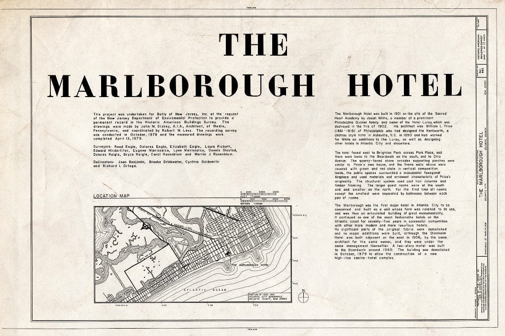 Historic Pictoric : Blueprint HABS NJ,1-ATCI,8- (Sheet 1 of 13) - Marlborough Hotel, Boardwalk at Park Place, Atlantic City, Atlantic County, NJ