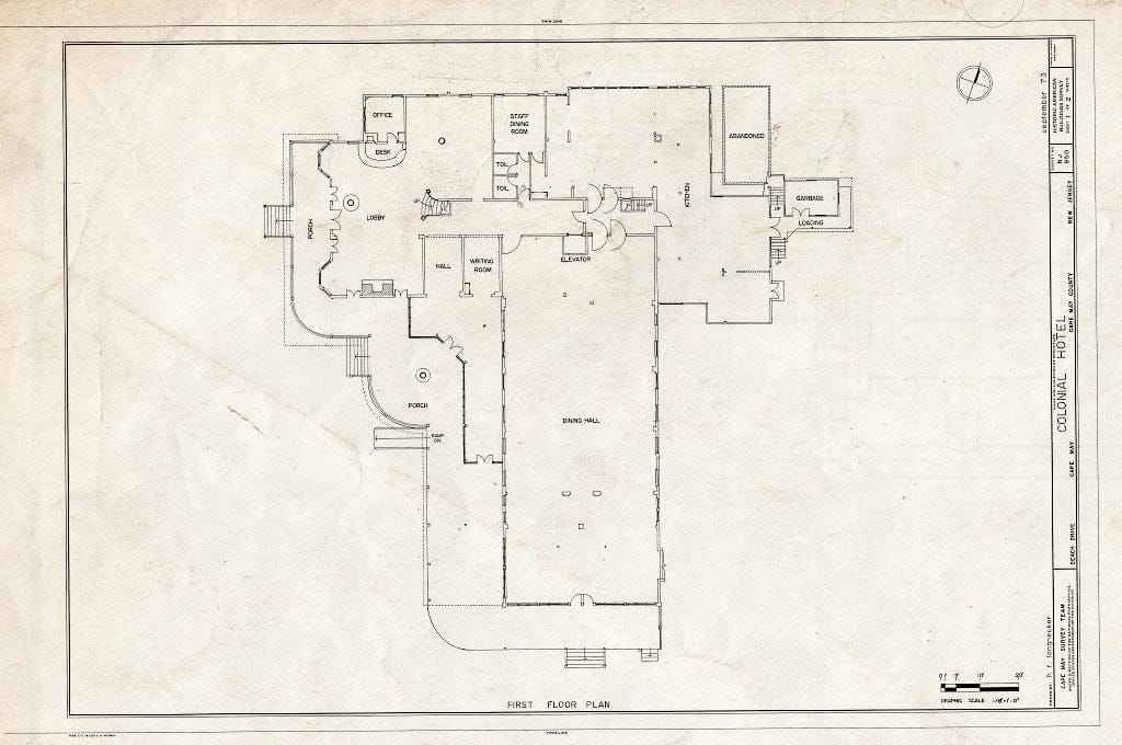 Historic Pictoric : Blueprint 1. First Floor Plan - Colonial Hotel, Beach & Ocean Avenues, Cape May, Cape May County, NJ