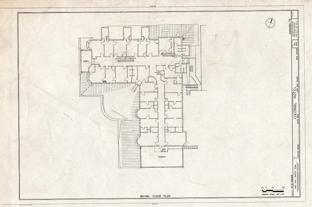 Historic Pictoric : Blueprint 2. Second Floor Plan - Colonial Hotel, Beach & Ocean Avenues, Cape May, Cape May County, NJ