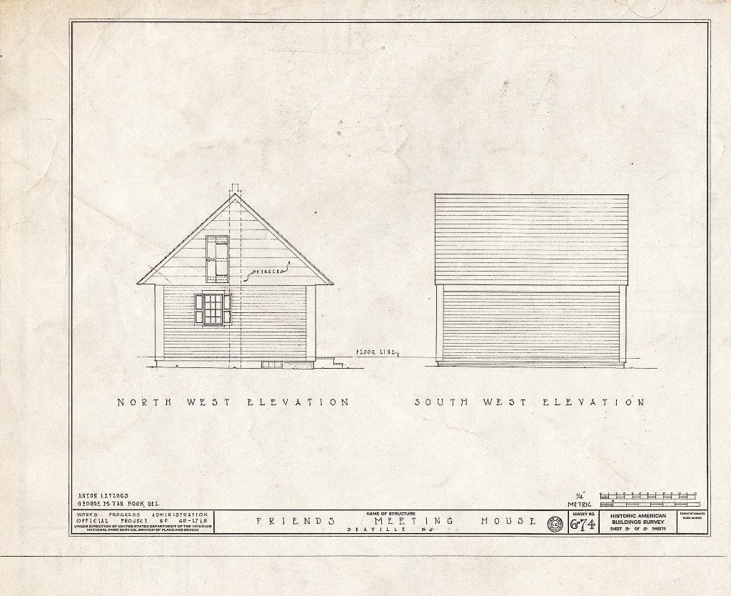 Historic Pictoric : Blueprint 3. Northwest and Southwest elevations - Friends' Meeting House, Shore Road, West Side (State Route 9), Seaville, Cape May County, NJ