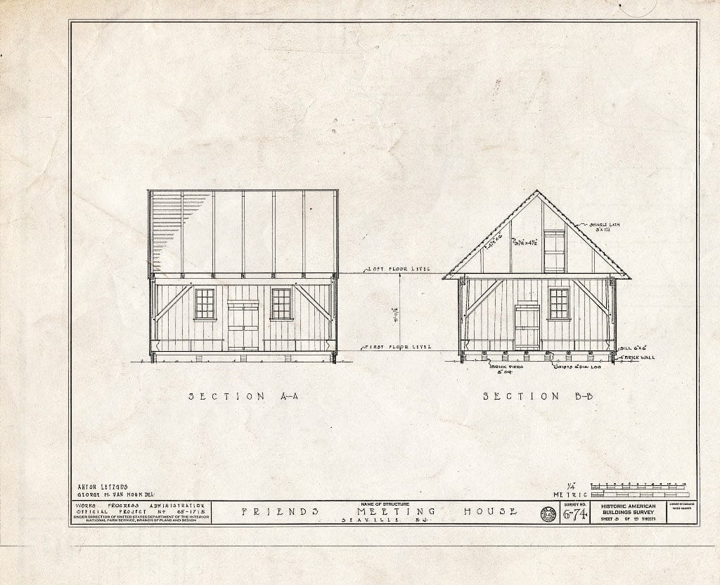Historic Pictoric : Blueprint 5. Sections A-A and B-B - Friends' Meeting House, Shore Road, West Side (State Route 9), Seaville, Cape May County, NJ