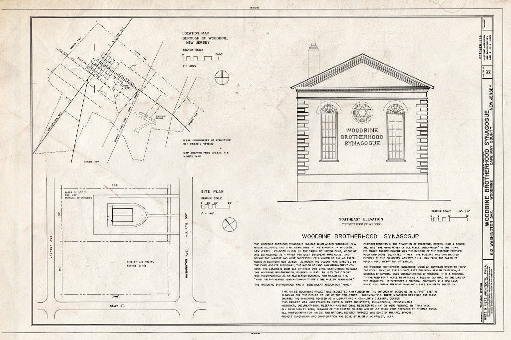 Historic Pictoric : Blueprint HABS NJ,5-WOBI,1- (Sheet 1 of 4) - Woodbine Brotherhood Synagogue, 612 Washington Avenue, Woodbine, Cape May County, NJ