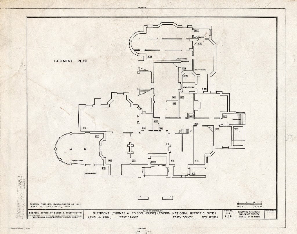 Historic Pictoric : Blueprint Basement Plan - Glenmont, Llewellyn Park, West Orange, Essex County, NJ