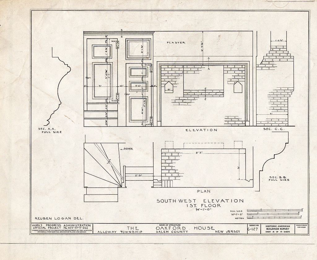 Historic Pictoric : Blueprint HABS NJ,17-ALLO.V,1- (Sheet 8 of 8) - William Oakford House, Telegraph & Greenwich Roads, Alloway, Salem County, NJ