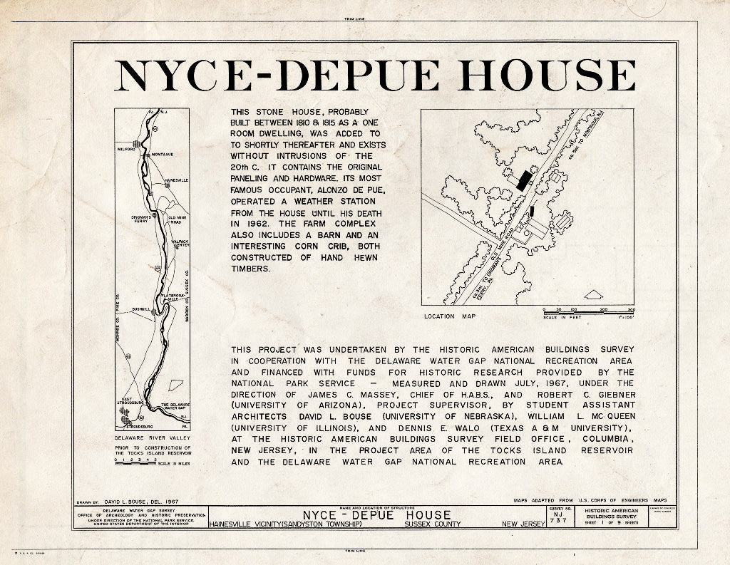 Historic Pictoric : Blueprint HABS NJ,19-HAIN.V,1- (Sheet 1 of 9) - Nyce-Depue Farm, Old Mine Road, Hainesville, Sussex County, NJ