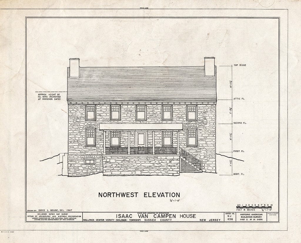 Historic Pictoric : Blueprint 5. Northwest Elevation - Isaac Van Campen House, Old Mine Road, Wallpack Center, Sussex County, NJ