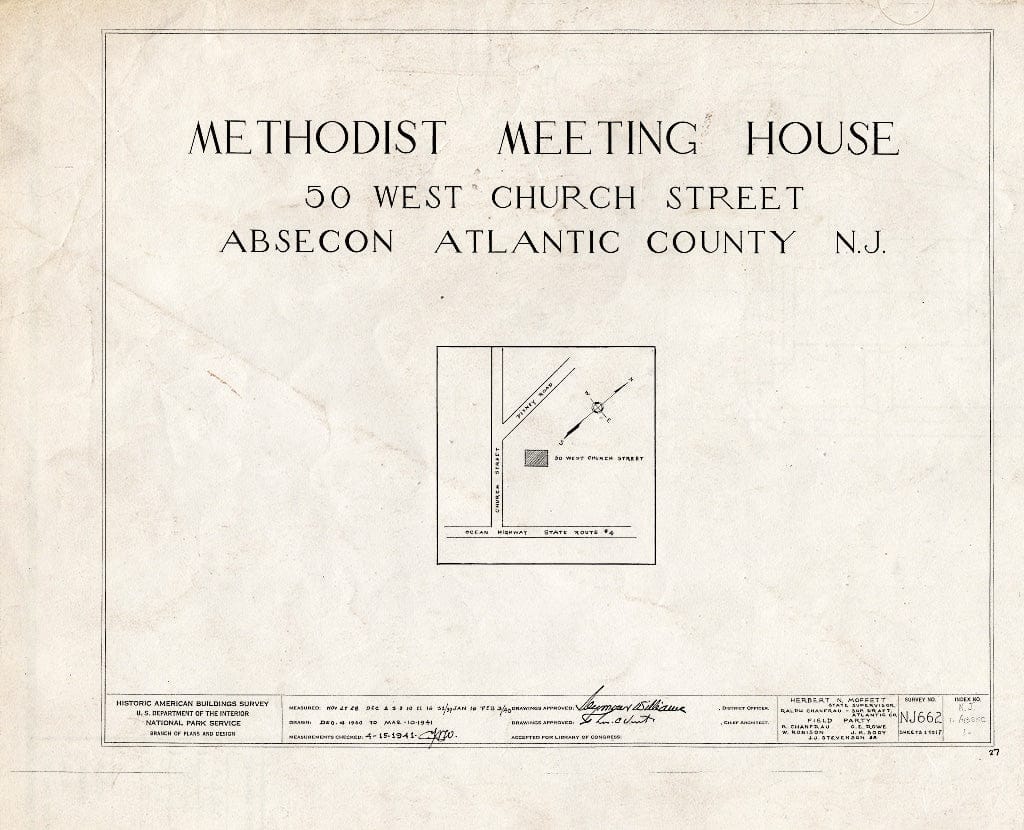 Historic Pictoric : Blueprint HABS NJ,1-ABSEC,1- (Sheet 0 of 17) - Methodist Meetinghouse, 50 West Church Street, Absecon, Atlantic County, NJ