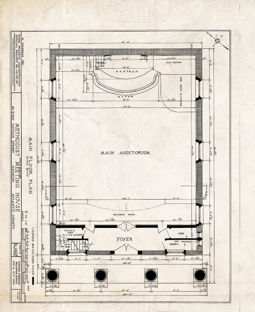 Historic Pictoric : Blueprint HABS NJ,1-ABSEC,1- (Sheet 2 of 17) - Methodist Meetinghouse, 50 West Church Street, Absecon, Atlantic County, NJ