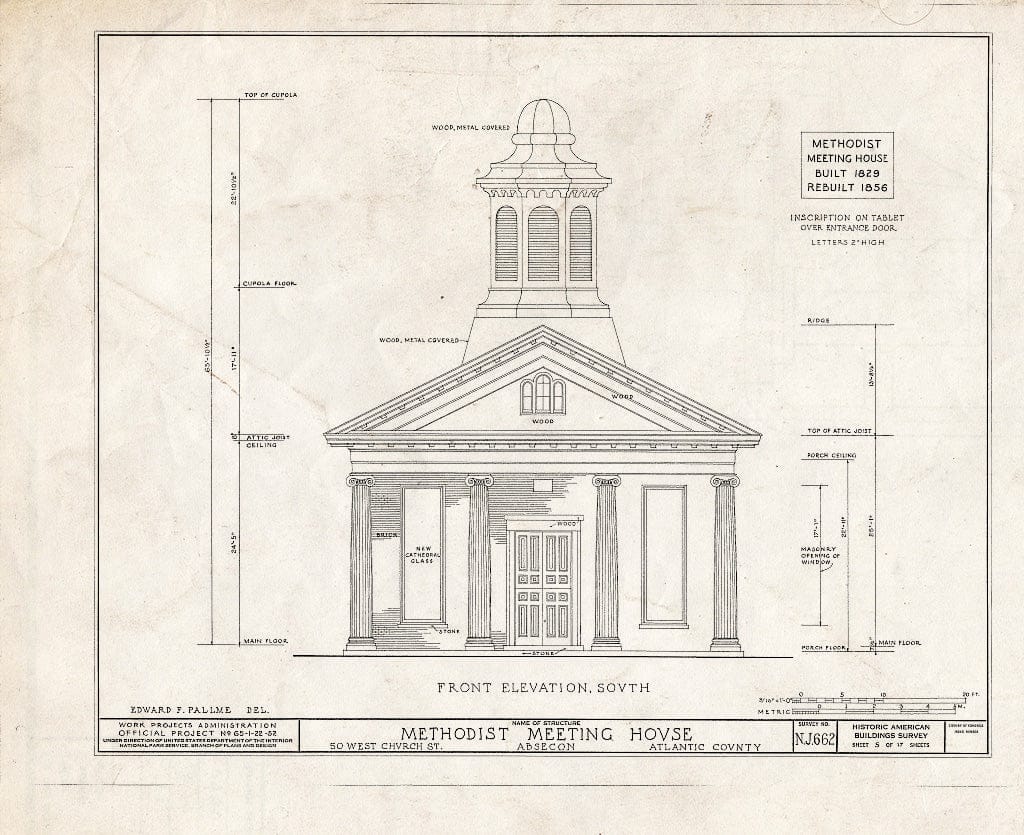 Historic Pictoric : Blueprint HABS NJ,1-ABSEC,1- (Sheet 5 of 17) - Methodist Meetinghouse, 50 West Church Street, Absecon, Atlantic County, NJ