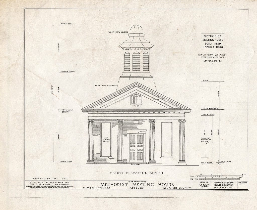 Historic Pictoric : Blueprint HABS NJ,1-ABSEC,1- (Sheet 5 of 17) - Methodist Meetinghouse, 50 West Church Street, Absecon, Atlantic County, NJ