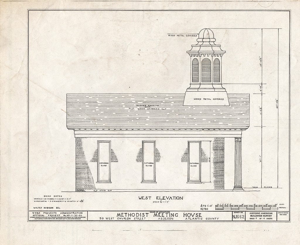 Historic Pictoric : Blueprint HABS NJ,1-ABSEC,1- (Sheet 8 of 17) - Methodist Meetinghouse, 50 West Church Street, Absecon, Atlantic County, NJ