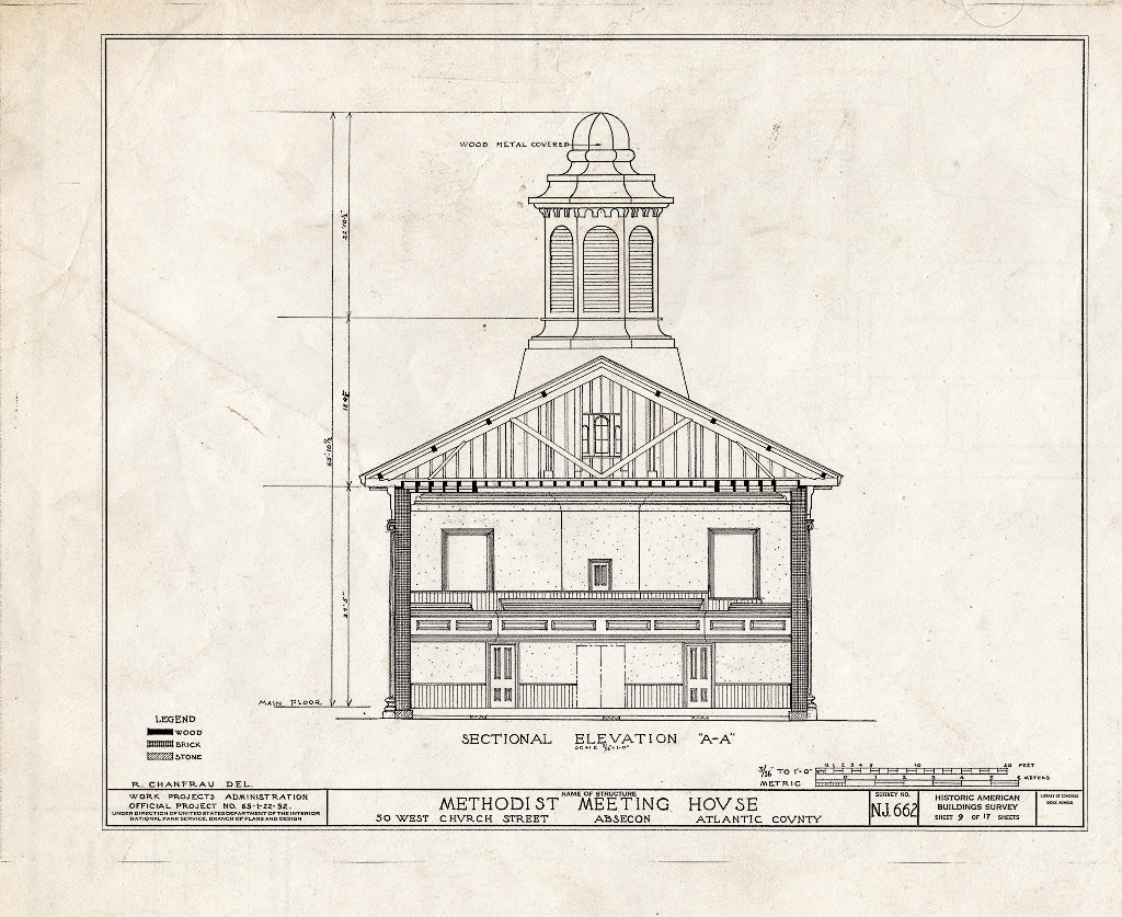 Historic Pictoric : Blueprint HABS NJ,1-ABSEC,1- (Sheet 9 of 17) - Methodist Meetinghouse, 50 West Church Street, Absecon, Atlantic County, NJ