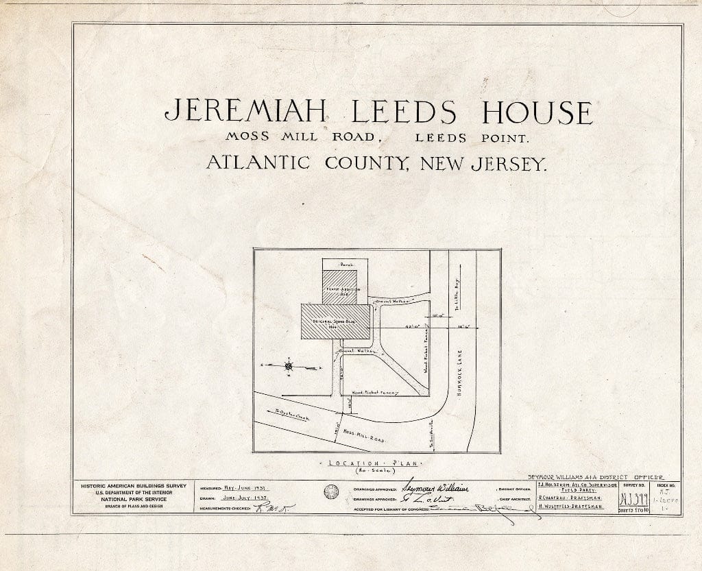Historic Pictoric : Blueprint HABS NJ,1-LEEPO,1- (Sheet 0 of 10) - Japhet Leeds House, Moss Mill Road, Leeds Point, Atlantic County, NJ