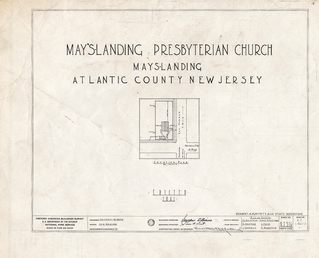 Historic Pictoric : Blueprint HABS NJ,1-Mayla,1- (Sheet 0 of 12) - Mays Landing Presbyterian Church, Mays Landing, Atlantic County, NJ