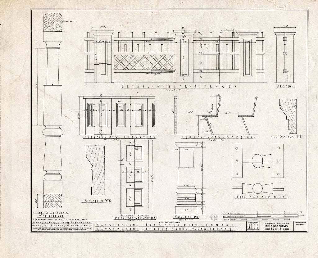 Historic Pictoric : Blueprint HABS NJ,1-Mayla,1- (Sheet 12 of 12) - Mays Landing Presbyterian Church, Mays Landing, Atlantic County, NJ