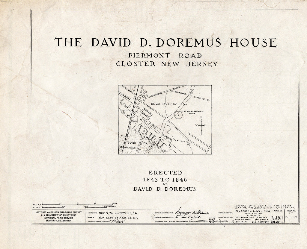 Historic Pictoric : Blueprint HABS NJ,2-Clost,1- (Sheet 0 of 11) - David D. Doremus House, Piermont Road, Closter, Bergen County, NJ