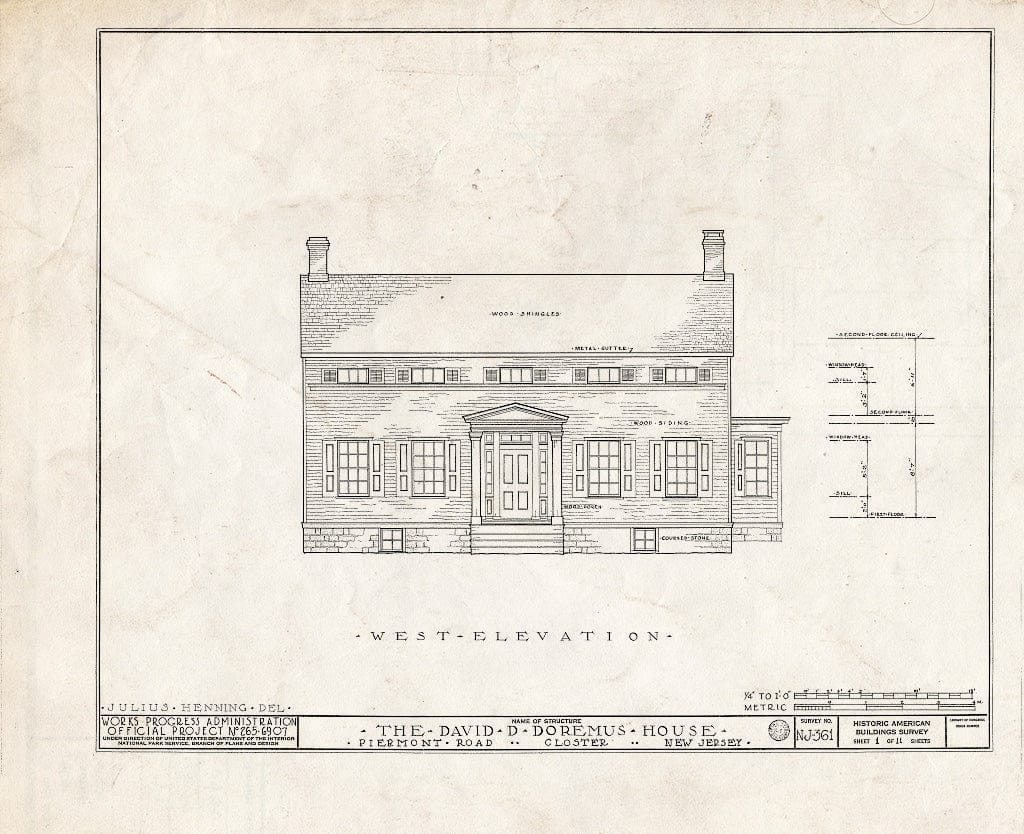 Historic Pictoric : Blueprint HABS NJ,2-Clost,1- (Sheet 1 of 11) - David D. Doremus House, Piermont Road, Closter, Bergen County, NJ
