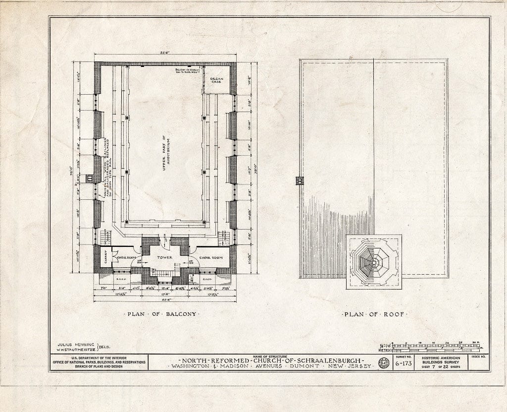 Historic Pictoric : Blueprint HABS NJ,2-DUMO,3- (Sheet 7 of 22) - North Reformed Church of Schraalenburgh, Washington & Madison Avenues, Dumont, Bergen County, NJ
