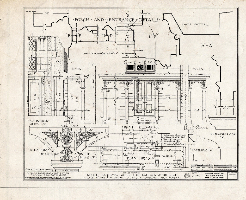 Historic Pictoric : Blueprint HABS NJ,2-DUMO,3- (Sheet 11 of 22) - North Reformed Church of Schraalenburgh, Washington & Madison Avenues, Dumont, Bergen County, NJ