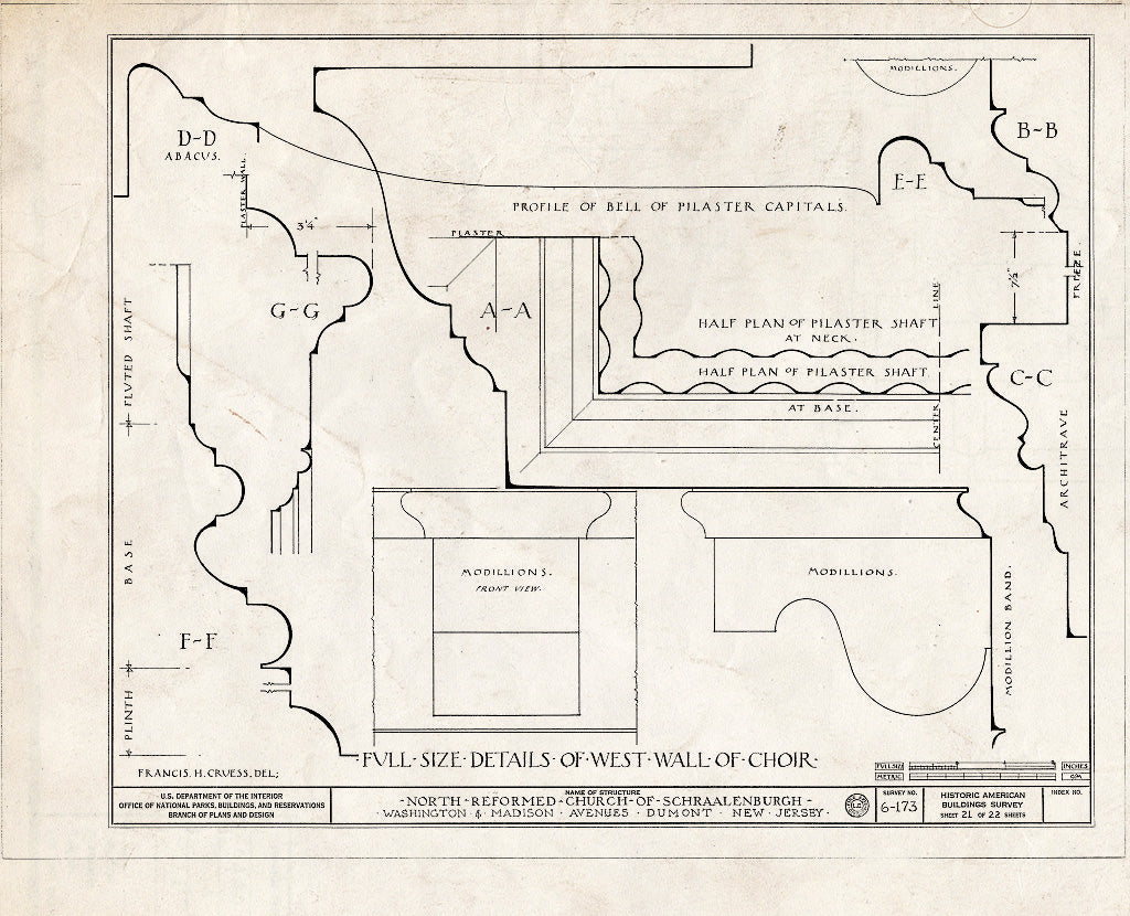 Historic Pictoric : Blueprint HABS NJ,2-DUMO,3- (Sheet 21 of 22) - North Reformed Church of Schraalenburgh, Washington & Madison Avenues, Dumont, Bergen County, NJ