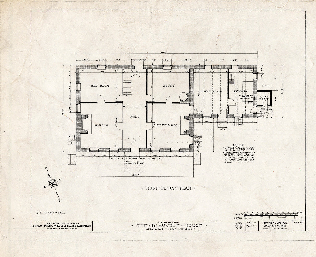 Historic Pictoric : Blueprint HABS NJ,2-EMSO,1- (Sheet 5 of 11) - Blauvelt House, Old Hook Road, Emerson, Bergen County, NJ