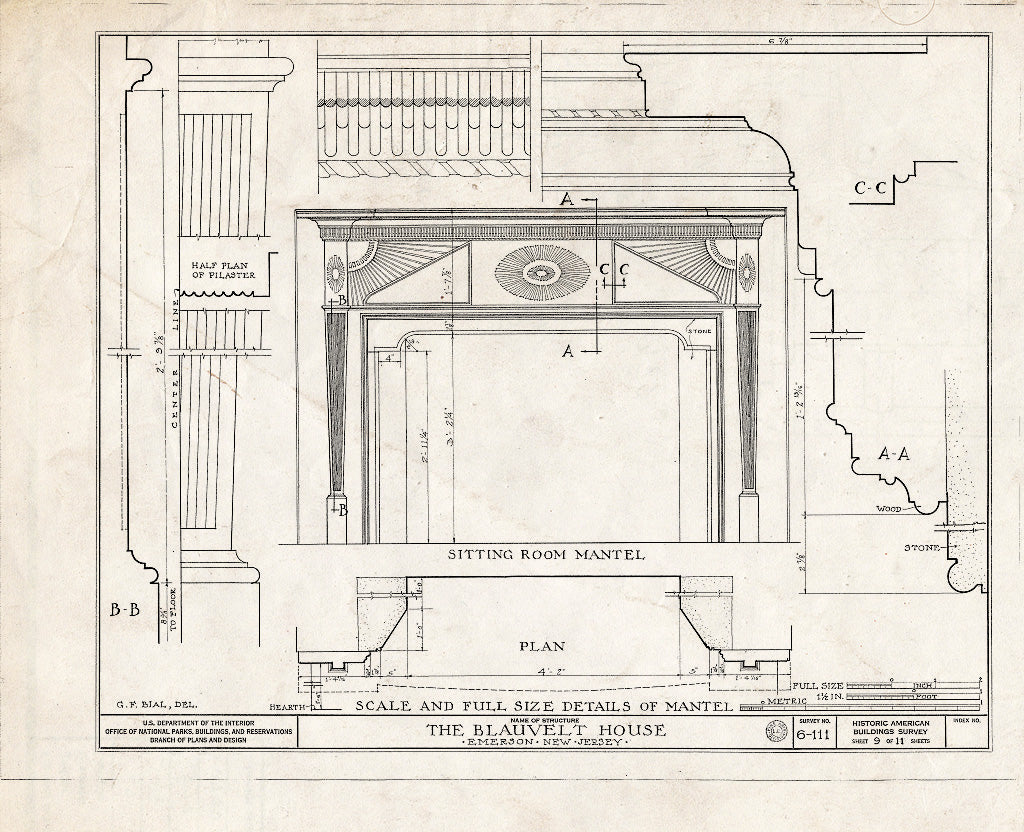 Historic Pictoric : Blueprint HABS NJ,2-EMSO,1- (Sheet 9 of 11) - Blauvelt House, Old Hook Road, Emerson, Bergen County, NJ