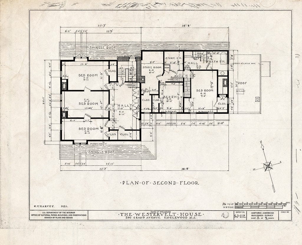 Historic Pictoric : Blueprint HABS NJ,2-ENG,1- (Sheet 5 of 9) - Peter Westervelt House, 290 Grand Avenue, Englewood, Bergen County, NJ