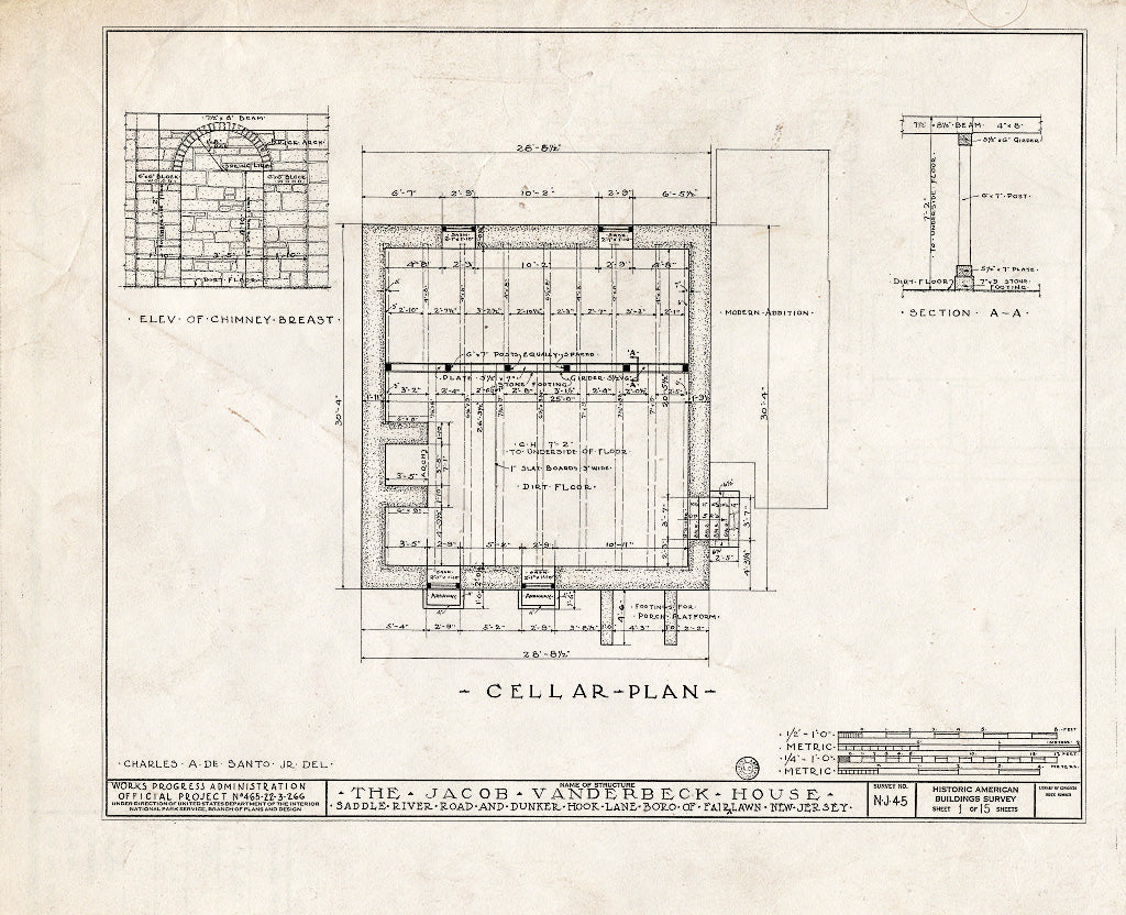Historic Pictoric : Blueprint HABS NJ,2-FAIR,1- (Sheet 1 of 15) - Jacob Vanderbeck House & Kitchen, Saddle River Road & Dunker Hook Lane, Fair Lawn, Bergen County, NJ