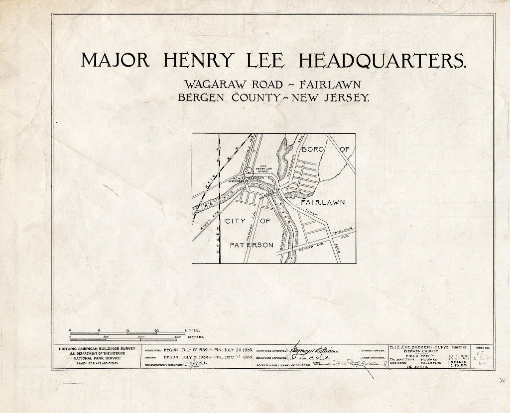 Historic Pictoric : Blueprint HABS NJ,2-FAIR,3- (Sheet 0 of 20) - Major Henry Lee Headquarters, Wagaraw Road, Fair Lawn, Bergen County, NJ